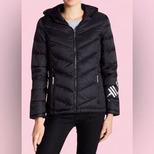 TOMMY HILFIGER Black Puffer Jacket Womens S Quilted Hooded Packable Winter.